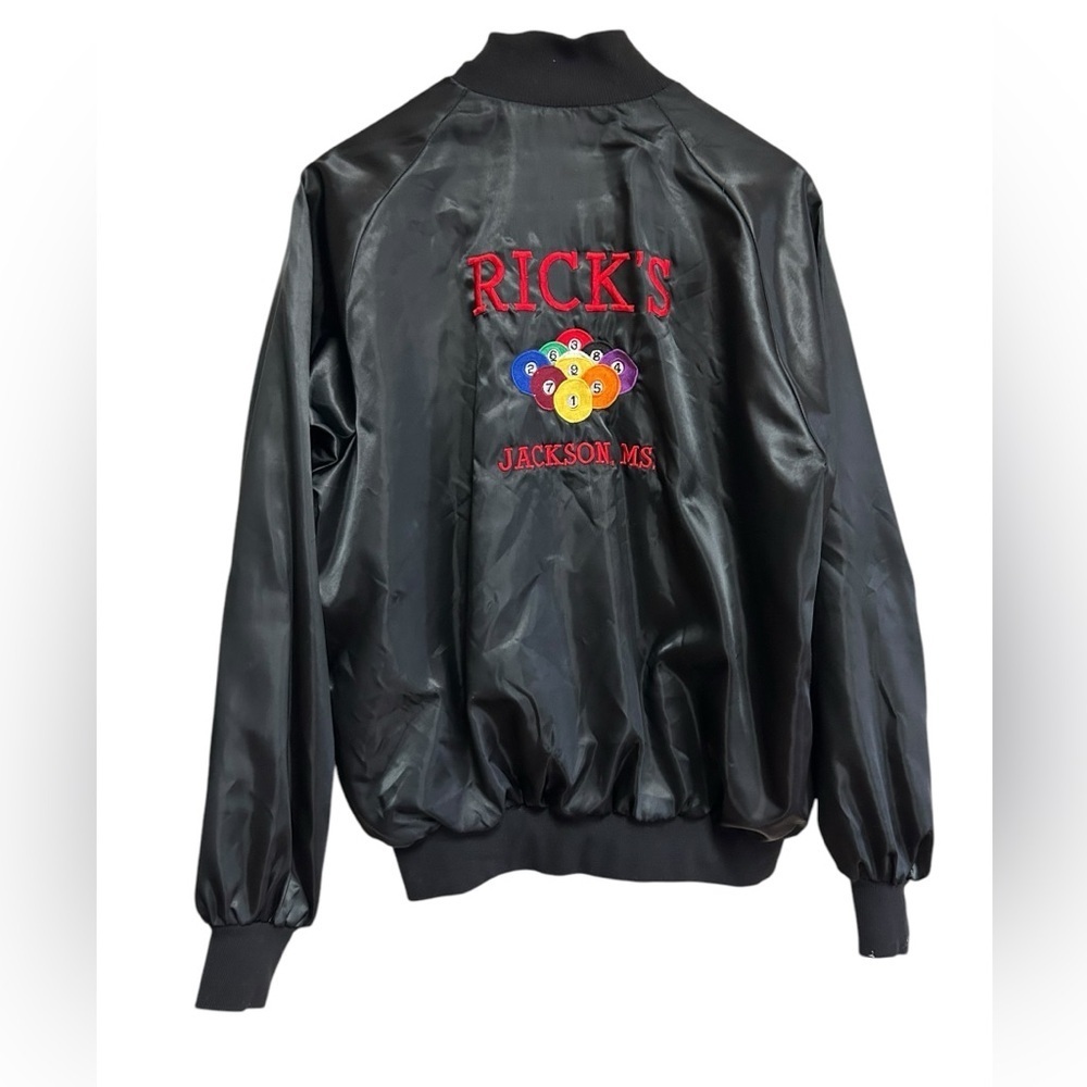 Vtg Jackson, MS. Ricks Pool Billiards Team Satin Jacket Womens Size Large Black